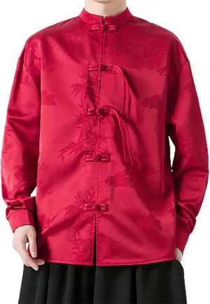 Tai Chi Clothing Chinese Traditional Uniform Tops Kung Fu Clothes Luxury Flowered Printed Button Down Satin Shirt Big&Tall