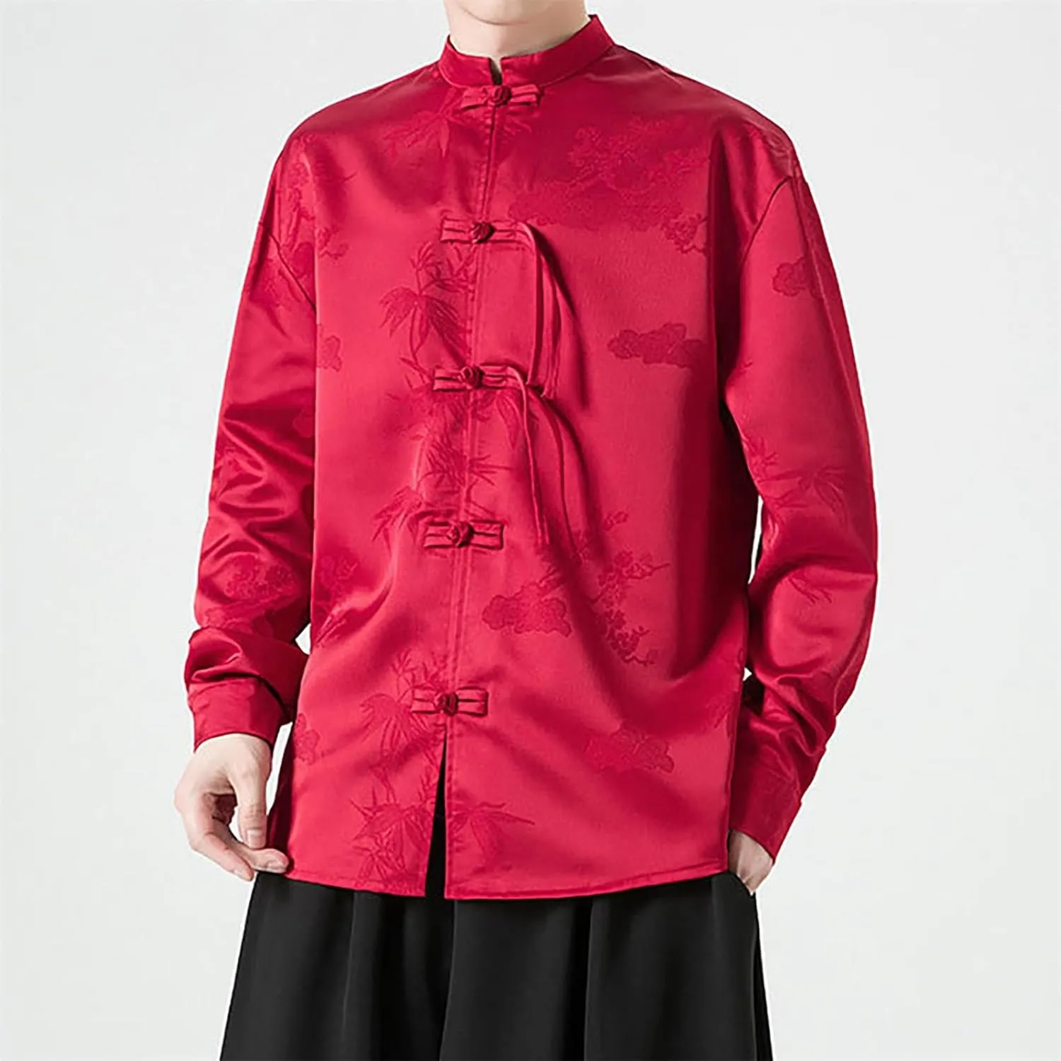 Tai Chi Clothing Chinese Traditional Uniform Tops Kung Fu Clothes Luxury Flowered Printed Button Down Satin Shirt Big&Tall