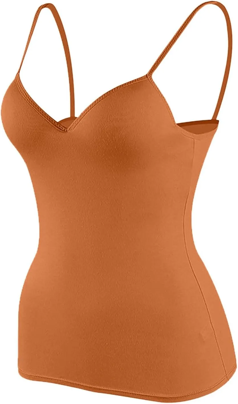 Tank Top with Built in Bra for Women Summer V Neck Spaghetti Strap Camisole Tops Cute Basic Double Lined Undershirts