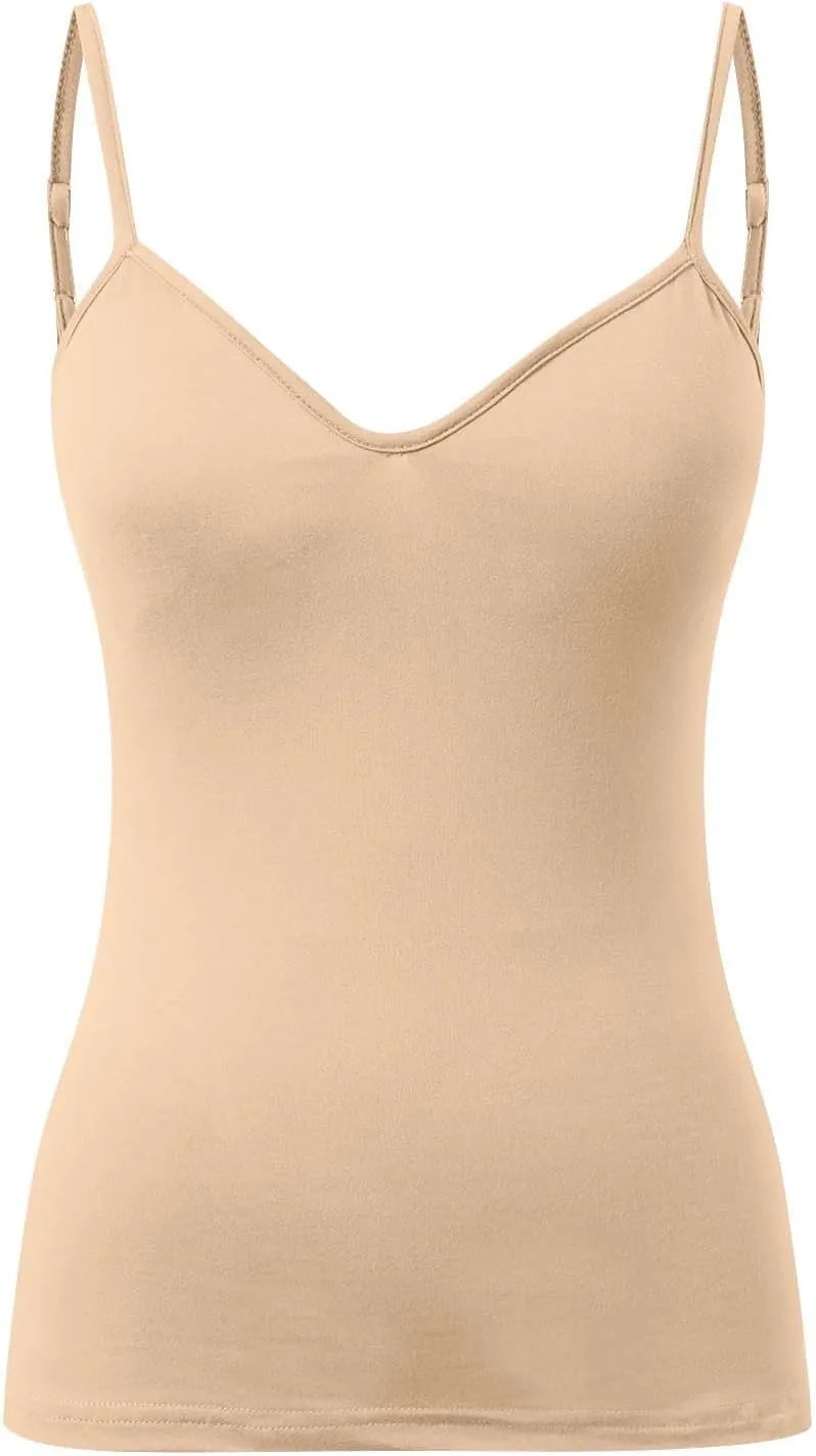 Tank Top with Built in Bra for Women Summer V Neck Spaghetti Strap Camisole Tops Cute Basic Double Lined Undershirts