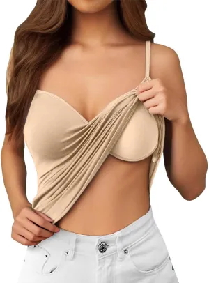 Tank Top with Built in Bra for Women Summer V Neck Spaghetti Strap Camisole Tops Cute Basic Double Lined Undershirts
