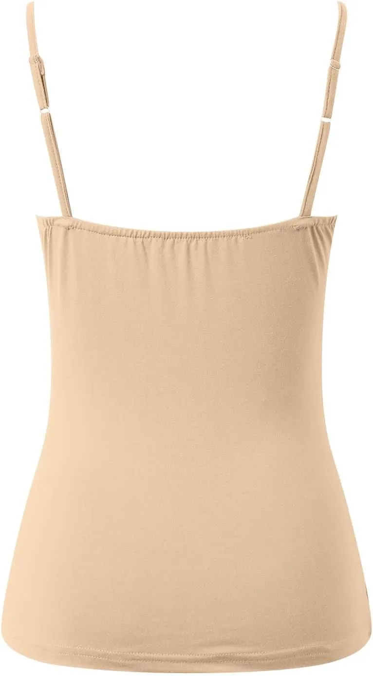 Tank Top with Built in Bra for Women Summer V Neck Spaghetti Strap Camisole Tops Cute Basic Double Lined Undershirts