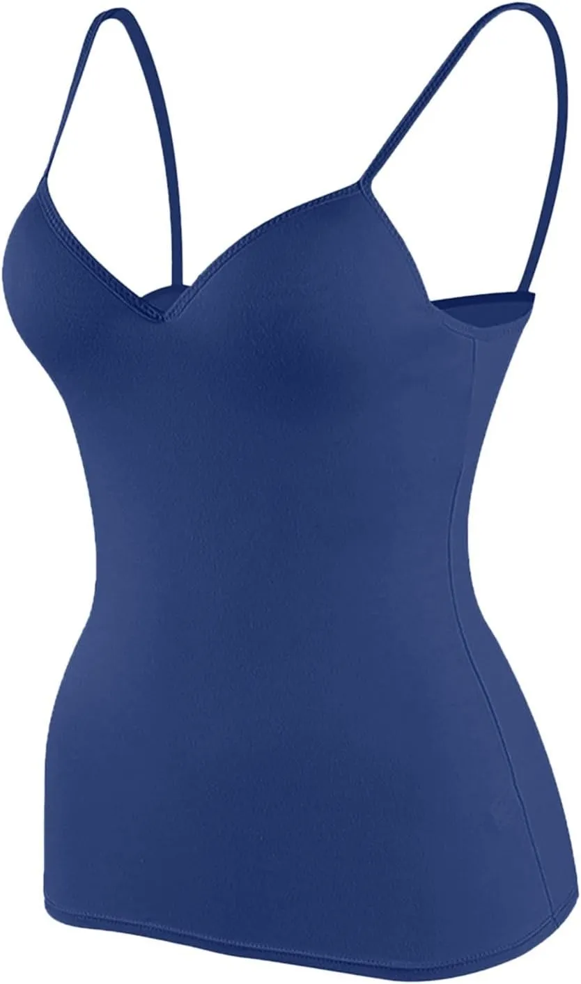 Tank Top with Built in Bra for Women Summer V Neck Spaghetti Strap Camisole Tops Cute Basic Double Lined Undershirts