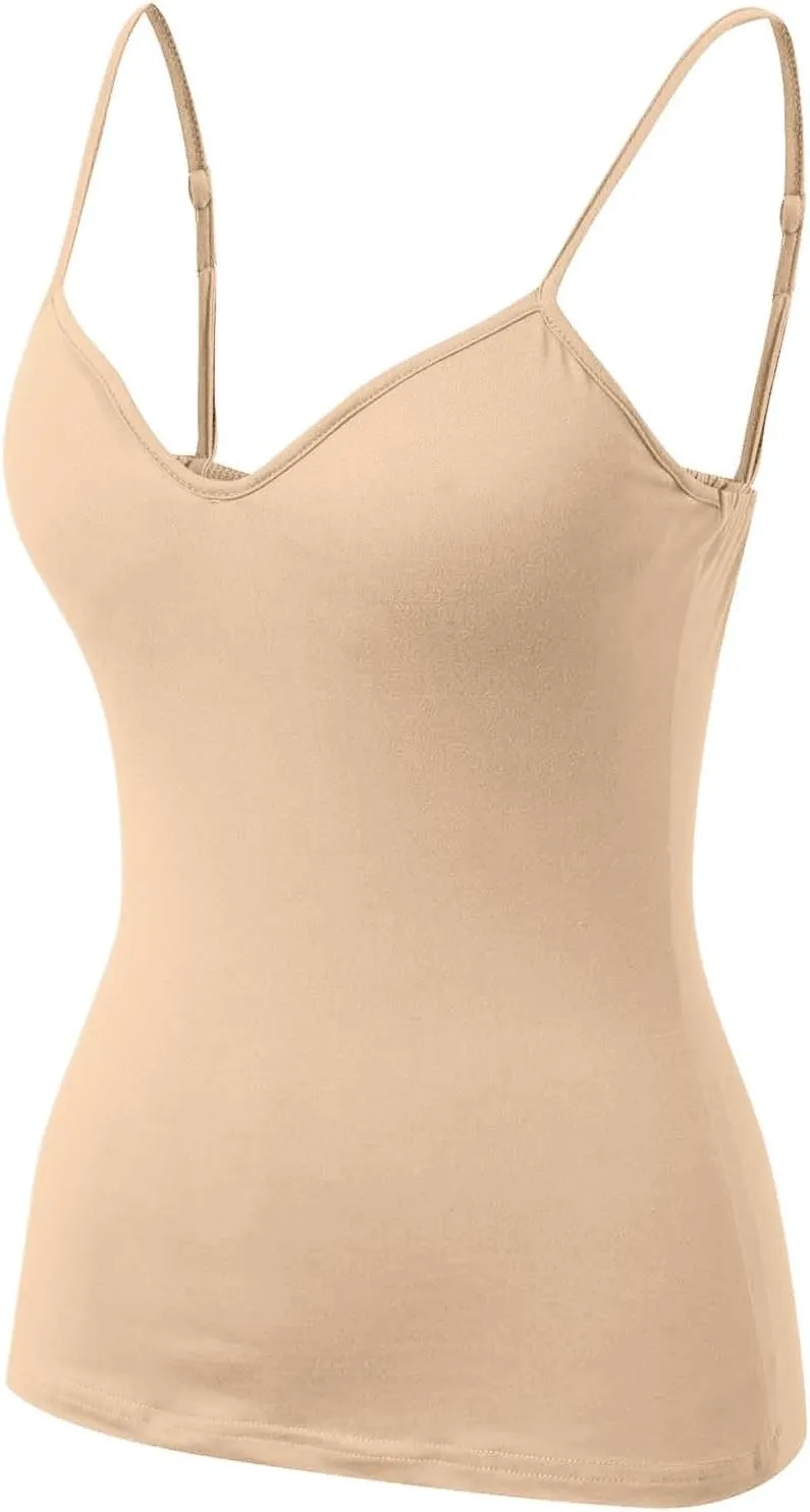Tank Top with Built in Bra for Women Summer V Neck Spaghetti Strap Camisole Tops Cute Basic Double Lined Undershirts