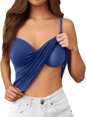 Tank Top with Built in Bra for Women Summer V Neck Spaghetti Strap Camisole Tops Cute Basic Double Lined Undershirts