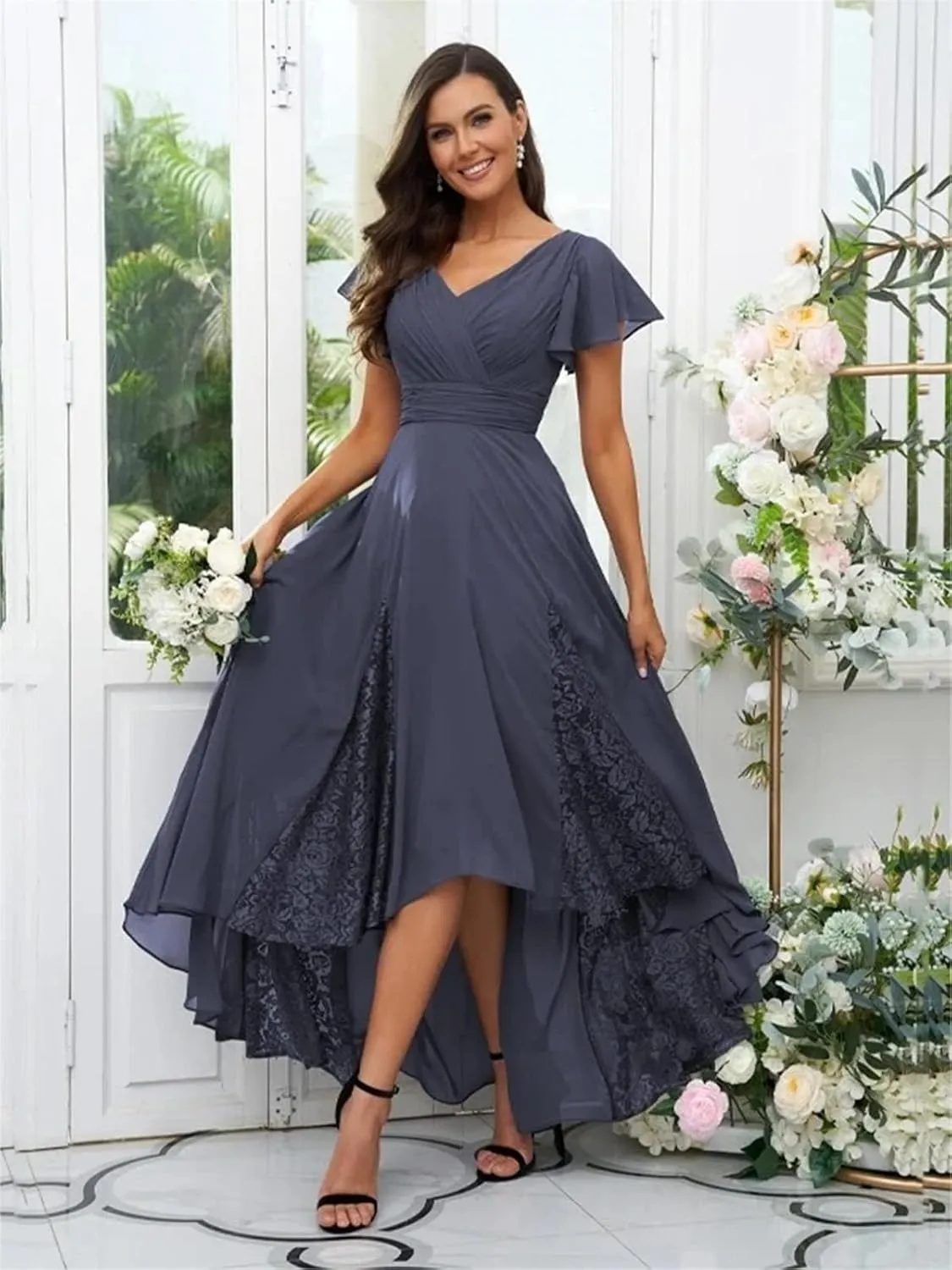 Tea Length Mother of The Bride Dresses for Wedding 2025 Ruffle Sleeves Lace Chiffon Brideamaid Formal Gown