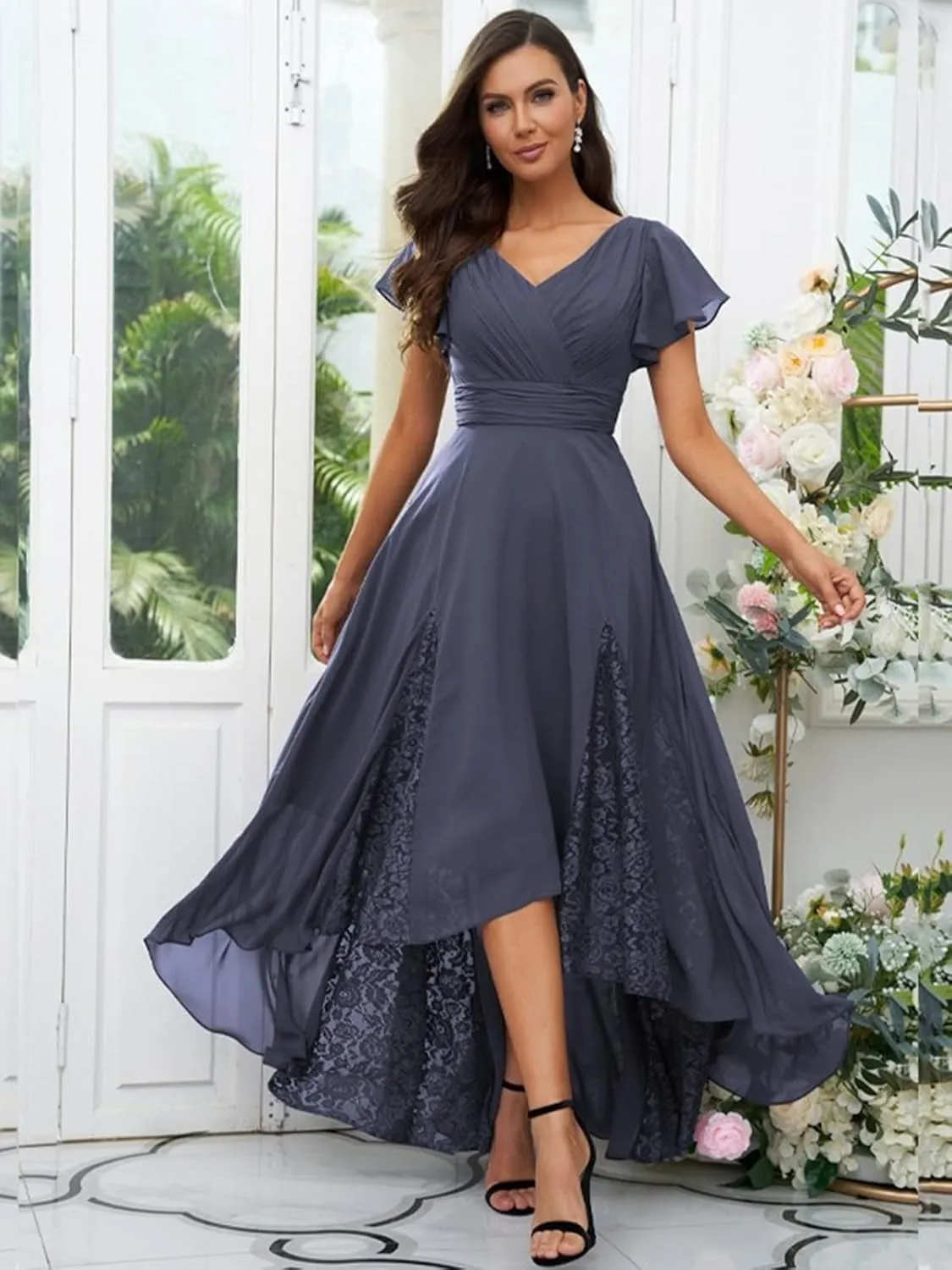 Tea Length Mother of The Bride Dresses for Wedding 2025 Ruffle Sleeves Lace Chiffon Brideamaid Formal Gown