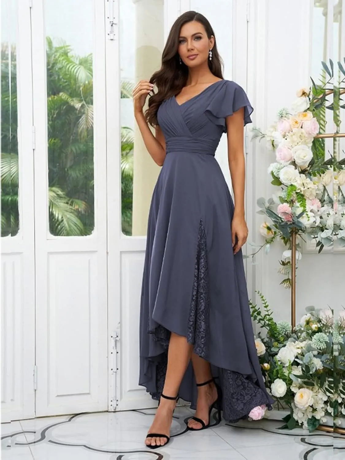 Tea Length Mother of The Bride Dresses for Wedding 2025 Ruffle Sleeves Lace Chiffon Brideamaid Formal Gown