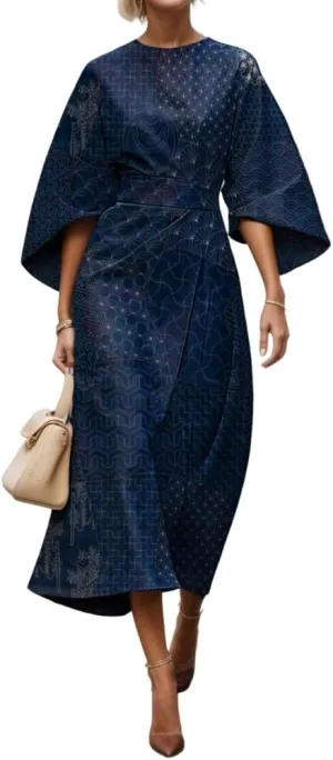 TIAFORD Women's Spring Summer Elegant Floral Print Empire Waist Dress Casual Cute Crew Neck Loose Half Sleeve Maxi Dresses