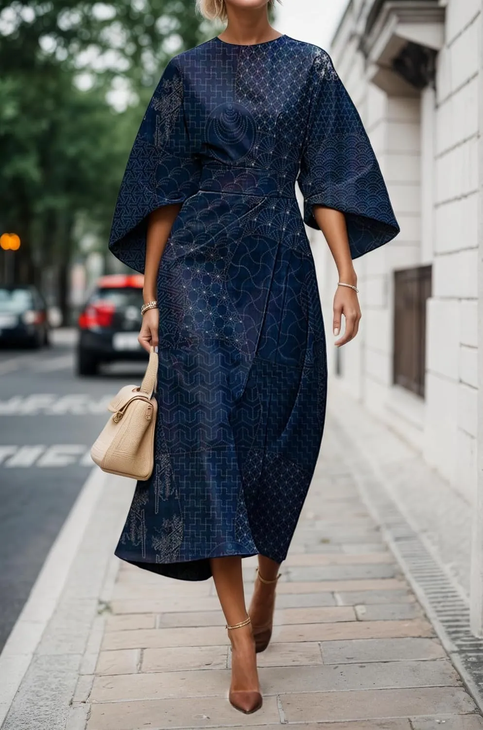 TIAFORD Women's Spring Summer Elegant Floral Print Empire Waist Dress Casual Cute Crew Neck Loose Half Sleeve Maxi Dresses