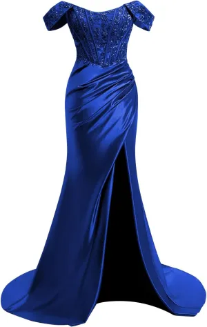 TIRAS Off Shoulder Lace Appliques Satin Prom Mermaid Dresses for Women 2025 Long Split Formal Evening Gown CM263