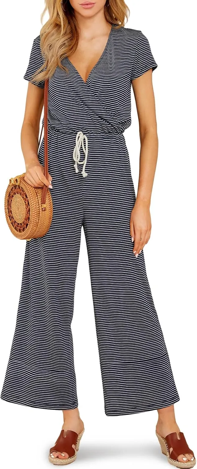 Tongmingyun Womens Casual Striped Jumpsuits Loose V Neck Short Sleeve Drawstring Wide Leg Long Pants Rompers