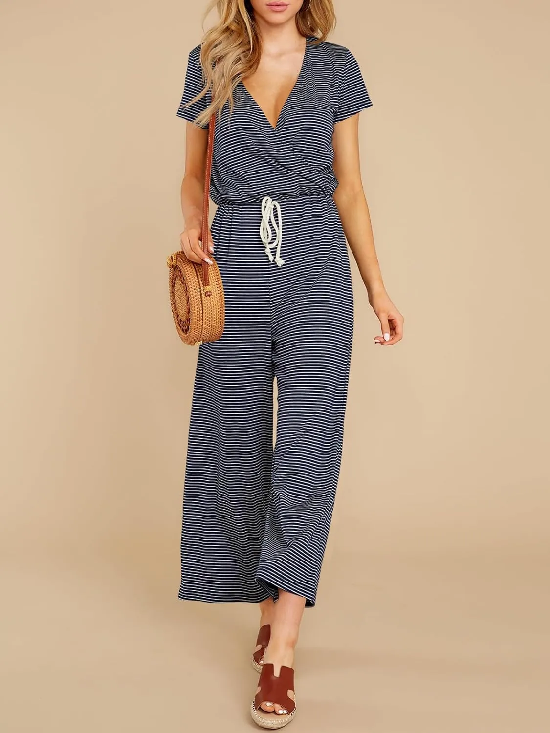 Tongmingyun Womens Casual Striped Jumpsuits Loose V Neck Short Sleeve Drawstring Wide Leg Long Pants Rompers