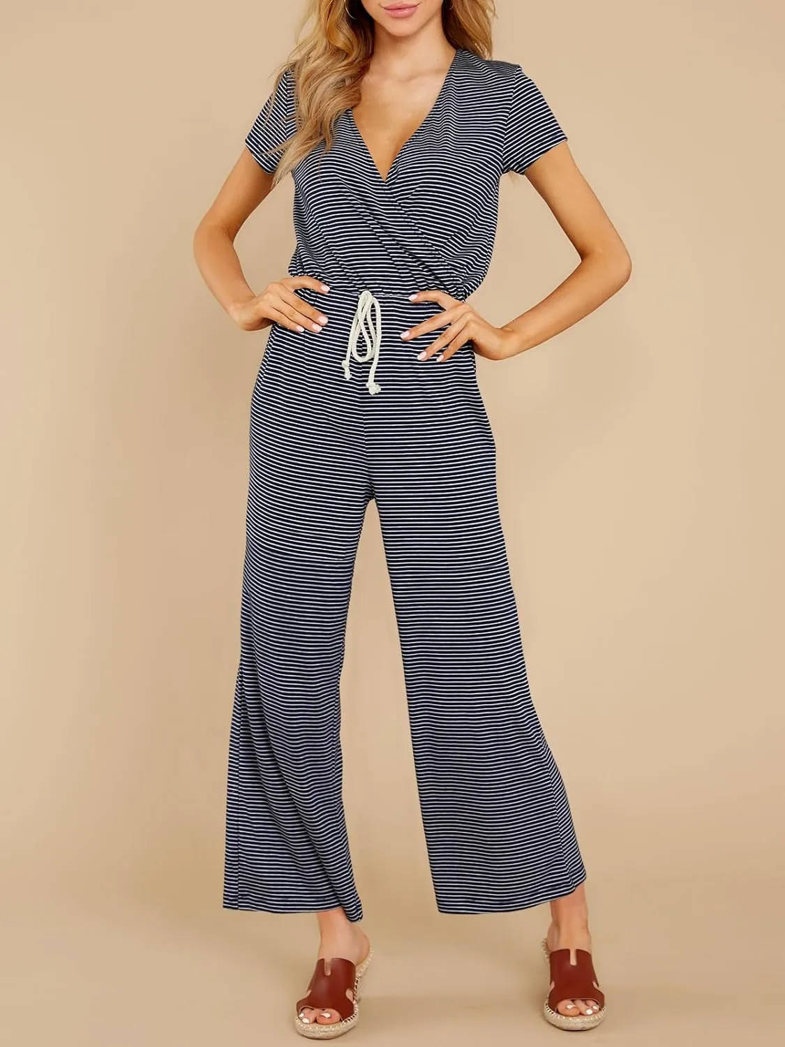 Tongmingyun Womens Casual Striped Jumpsuits Loose V Neck Short Sleeve Drawstring Wide Leg Long Pants Rompers
