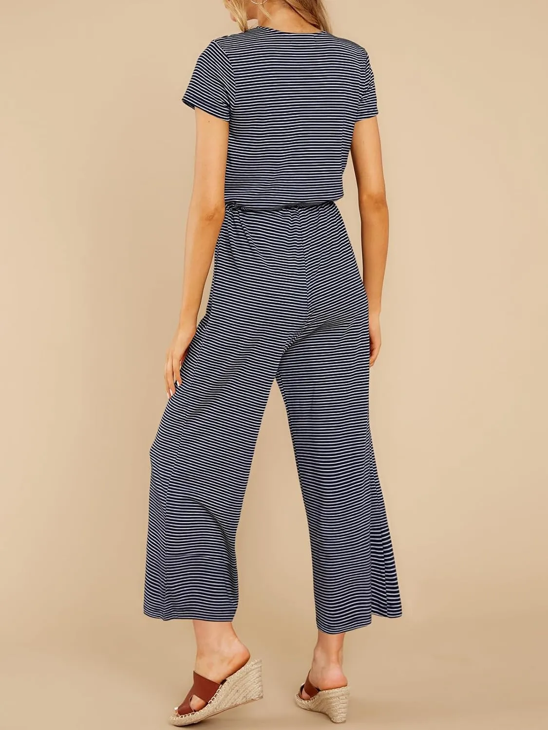 Tongmingyun Womens Casual Striped Jumpsuits Loose V Neck Short Sleeve Drawstring Wide Leg Long Pants Rompers