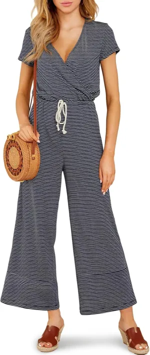 Tongmingyun Womens Casual Striped Jumpsuits Loose V Neck Short Sleeve Drawstring Wide Leg Long Pants Rompers