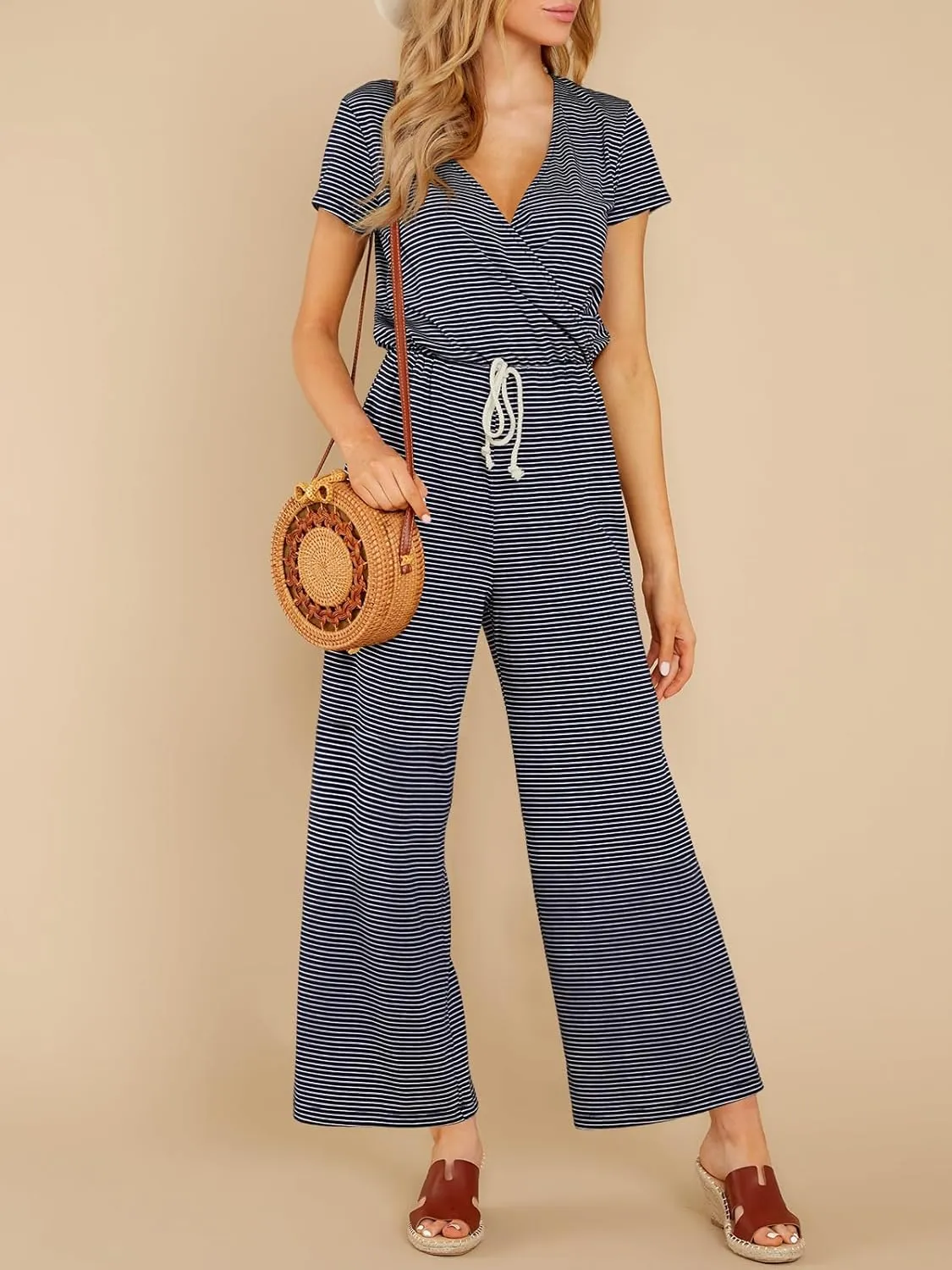 Tongmingyun Womens Casual Striped Jumpsuits Loose V Neck Short Sleeve Drawstring Wide Leg Long Pants Rompers