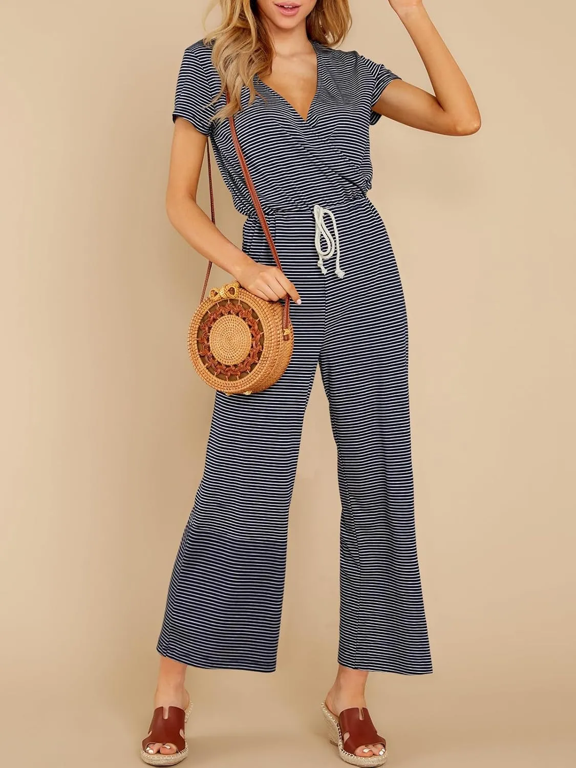 Tongmingyun Womens Casual Striped Jumpsuits Loose V Neck Short Sleeve Drawstring Wide Leg Long Pants Rompers
