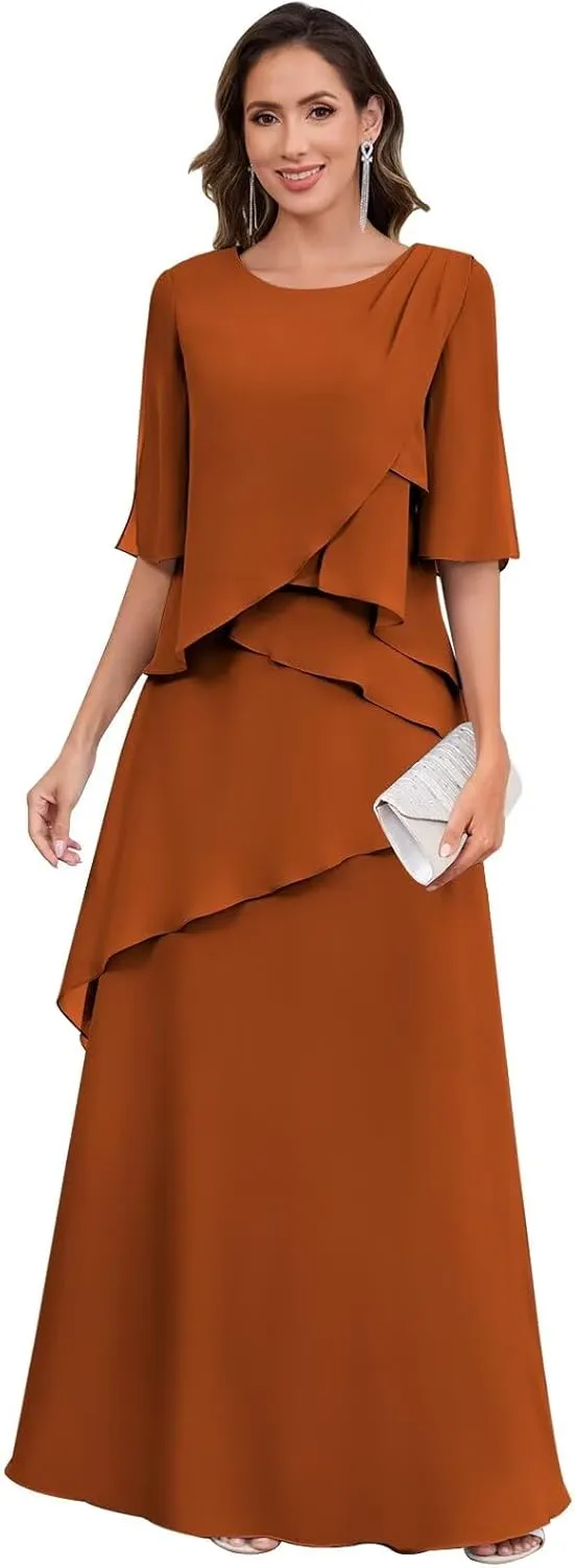 TORYEMY Women's Mother of The Bride Dresses Long Chiffon A Line Short Sleeve Formal Evening Dress for Wedding