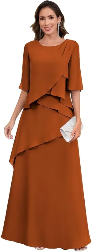 TORYEMY Women's Mother of The Bride Dresses Long Chiffon A Line Short Sleeve Formal Evening Dress for Wedding