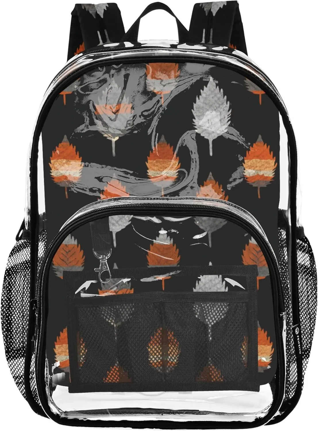 Travel Clear Backpack Floral Autumn Leaves Black Kids Backpack for Girls Pvc School Plastic Bookbag
