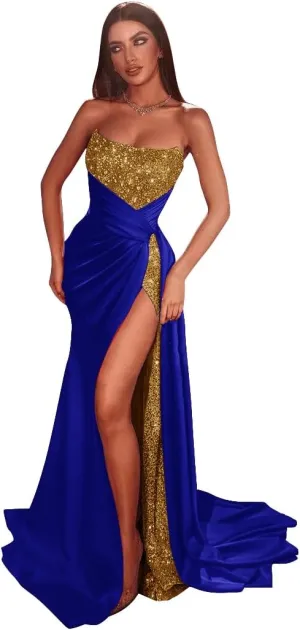 Tsbridal Glitter Sequin Prom Dresses Satin Mermaid Slit Formal Evening Dress Sparkly Long Wedding Guest Gown with Train