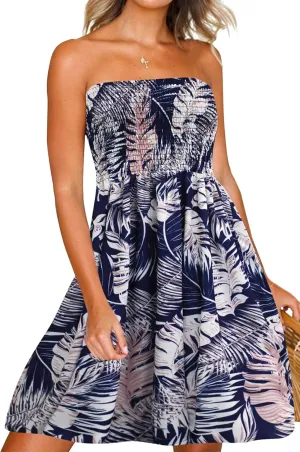 Tube Top Dress Boho Floral Summer Beach Csual Sun Dresses Strapless Dress for Women Red S