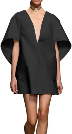 UOOZEE Women's 2025 Summer Mini Dress V Neck Short Sleeves Elegant Formal Shift Dress with Pockets