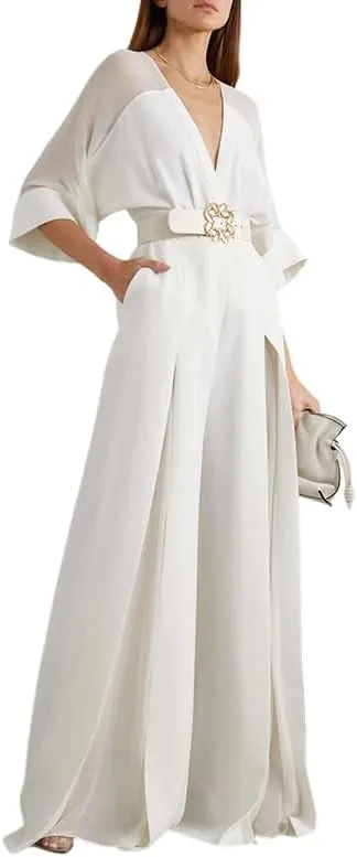 UOOZEE Women's Summer Jumpsuit Elegant Deep V Neck High Waist Wide Leg Long Jumpsuit Romper with Pockets
