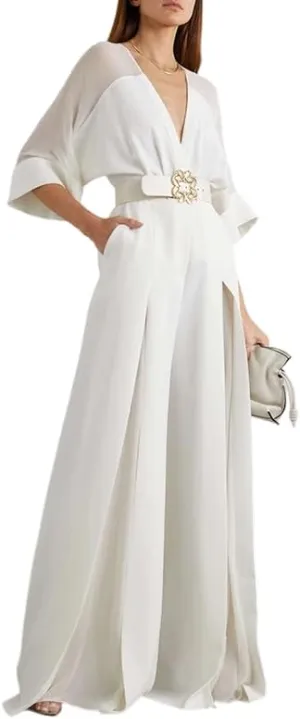 UOOZEE Women's Summer Jumpsuit Elegant Deep V Neck High Waist Wide Leg Long Jumpsuit Romper with Pockets