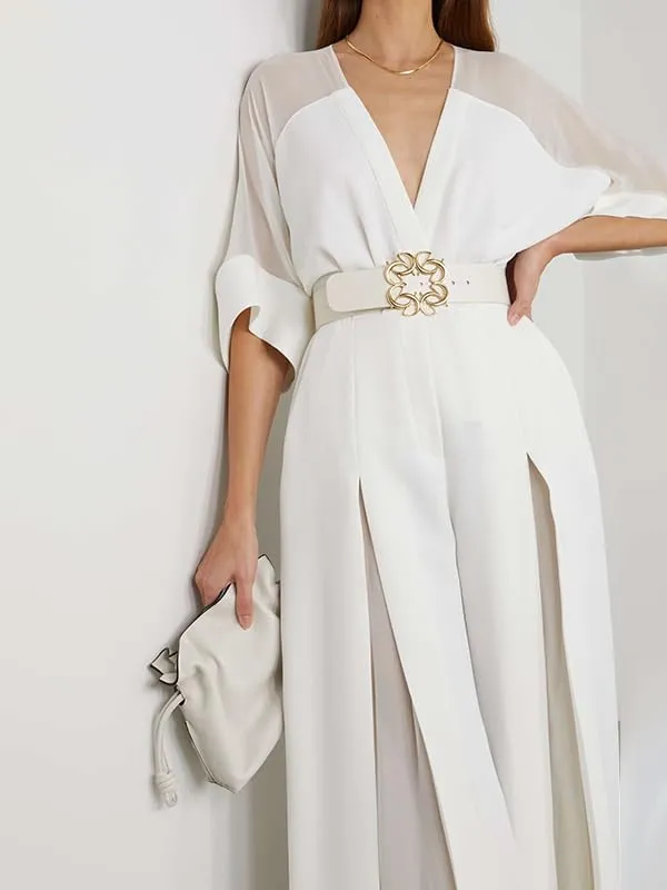 UOOZEE Women's Summer Jumpsuit Elegant Deep V Neck High Waist Wide Leg Long Jumpsuit Romper with Pockets