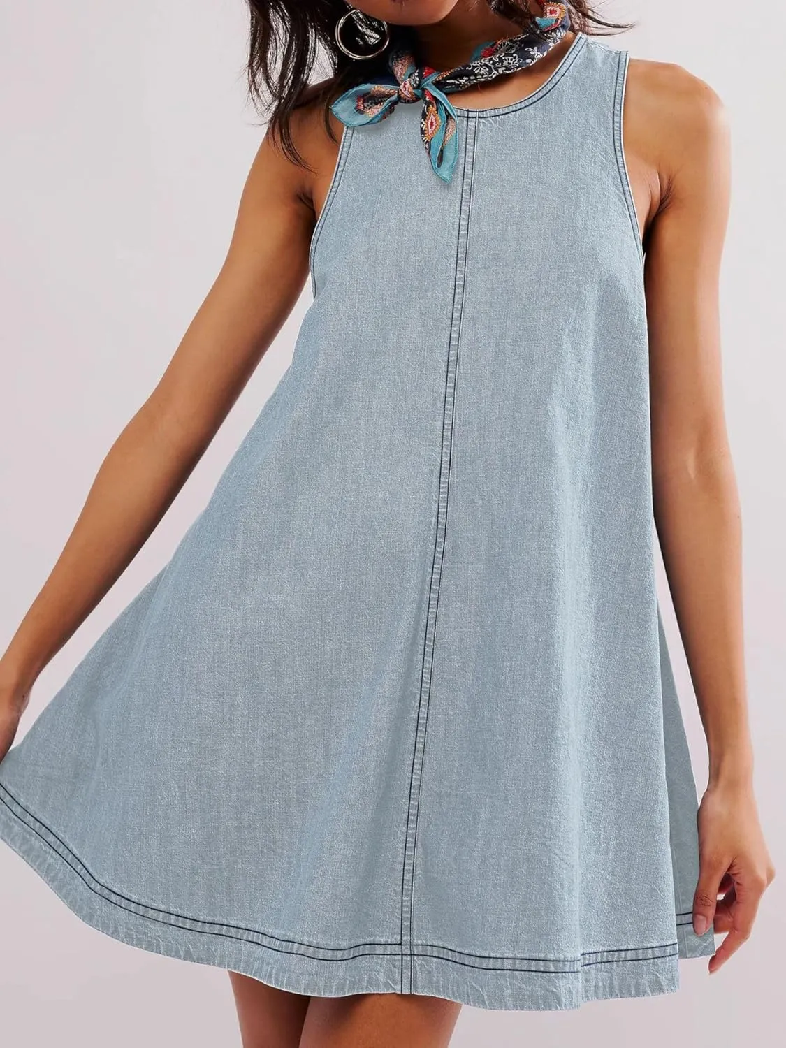utcoco Women's 2025 Summer Sleeveless Denim Mini Dress Back Cut Out A Line Swing Jean Tank Dress