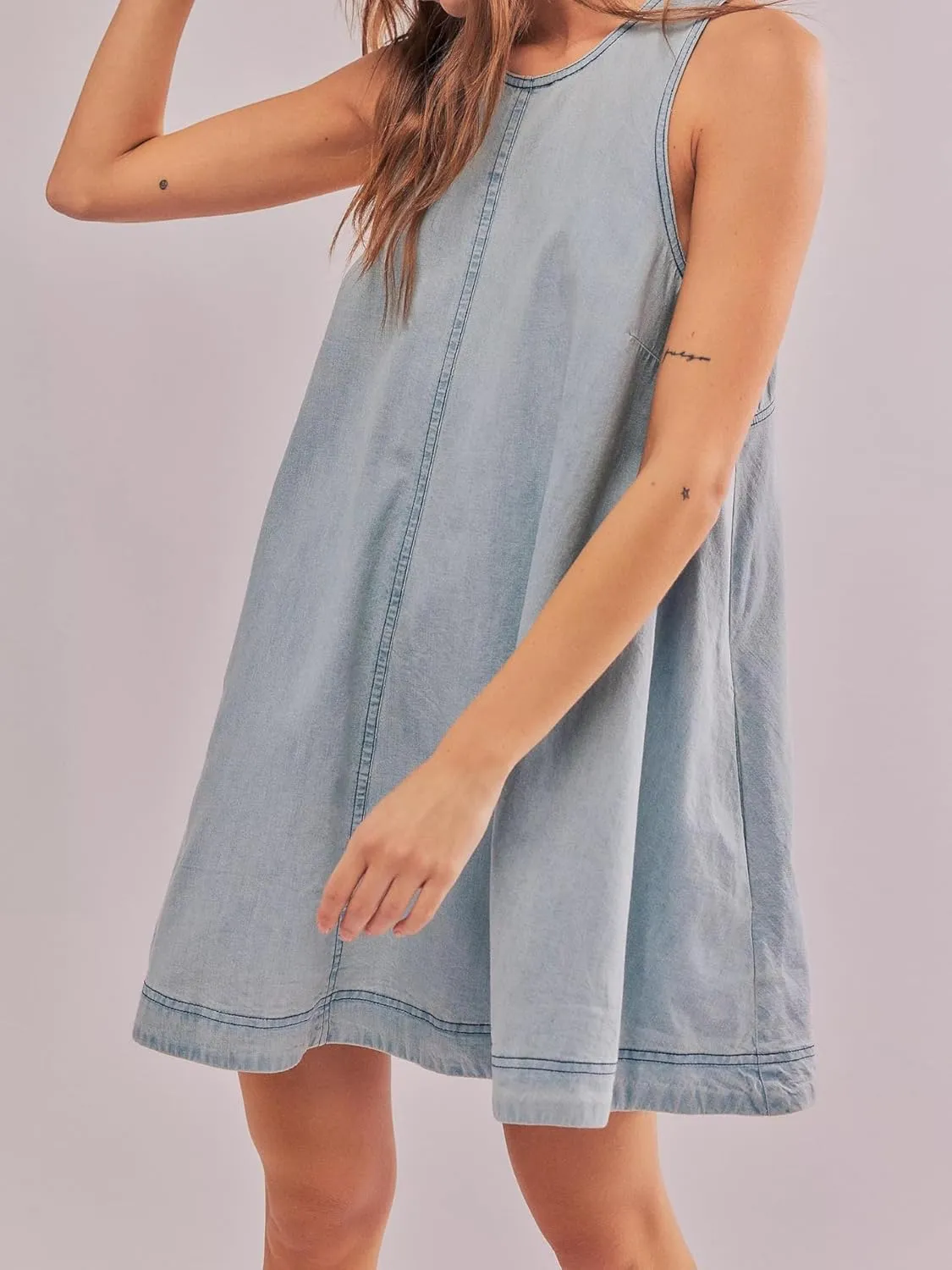 utcoco Women's 2025 Summer Sleeveless Denim Mini Dress Back Cut Out A Line Swing Jean Tank Dress