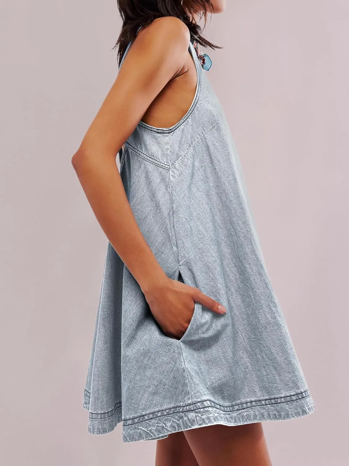 utcoco Women's 2025 Summer Sleeveless Denim Mini Dress Back Cut Out A Line Swing Jean Tank Dress