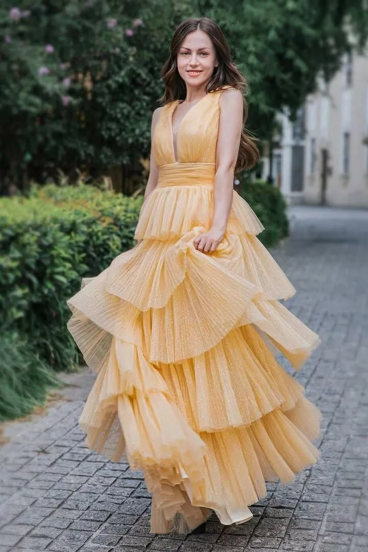 V Neck Tulle Prom Dresses Long Women's Layered Ball Gown Corset A line Formal Gown for Evening Party
