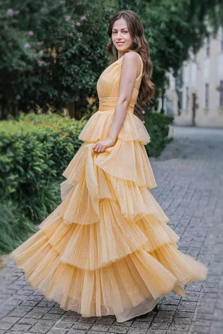V Neck Tulle Prom Dresses Long Women's Layered Ball Gown Corset A line Formal Gown for Evening Party