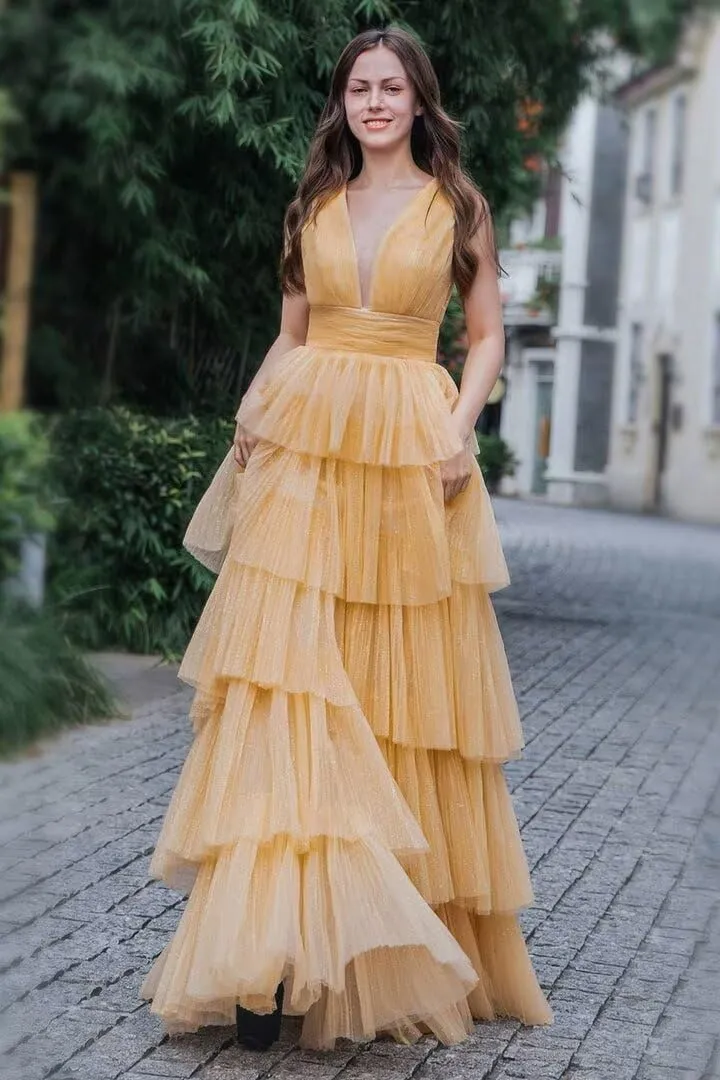 V Neck Tulle Prom Dresses Long Women's Layered Ball Gown Corset A line Formal Gown for Evening Party
