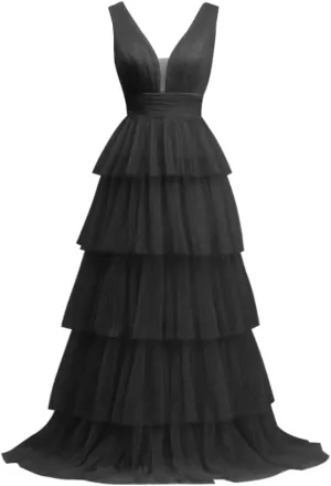 V Neck Tulle Prom Dresses Long Women's Layered Ball Gown Corset A line Formal Gown for Evening Party