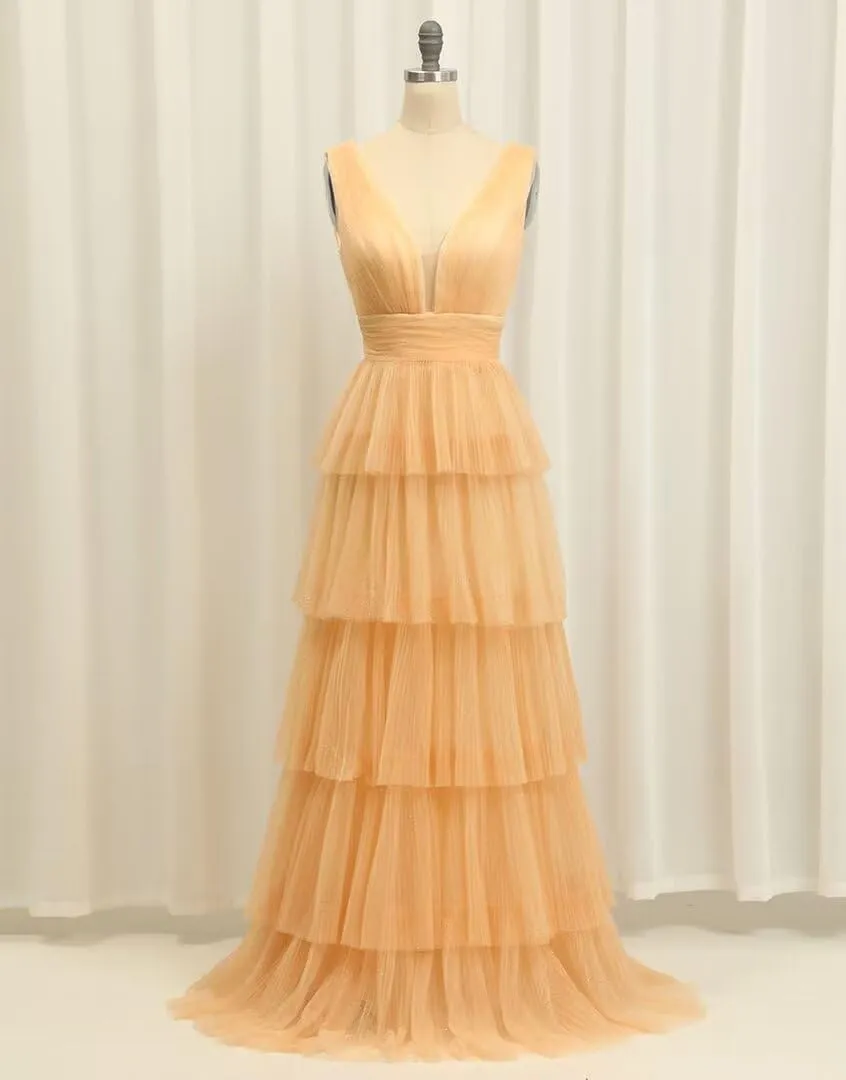 V Neck Tulle Prom Dresses Long Women's Layered Ball Gown Corset A line Formal Gown for Evening Party