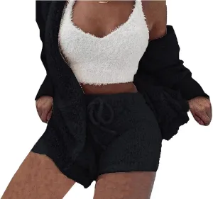 Vakkest Women's Sexy 3 Piece Pajamas Outfit Fuzzy Fleece Warm Sherpa Coat Jacket Outwear Spaghetti Strap Crop Top Shorts Set