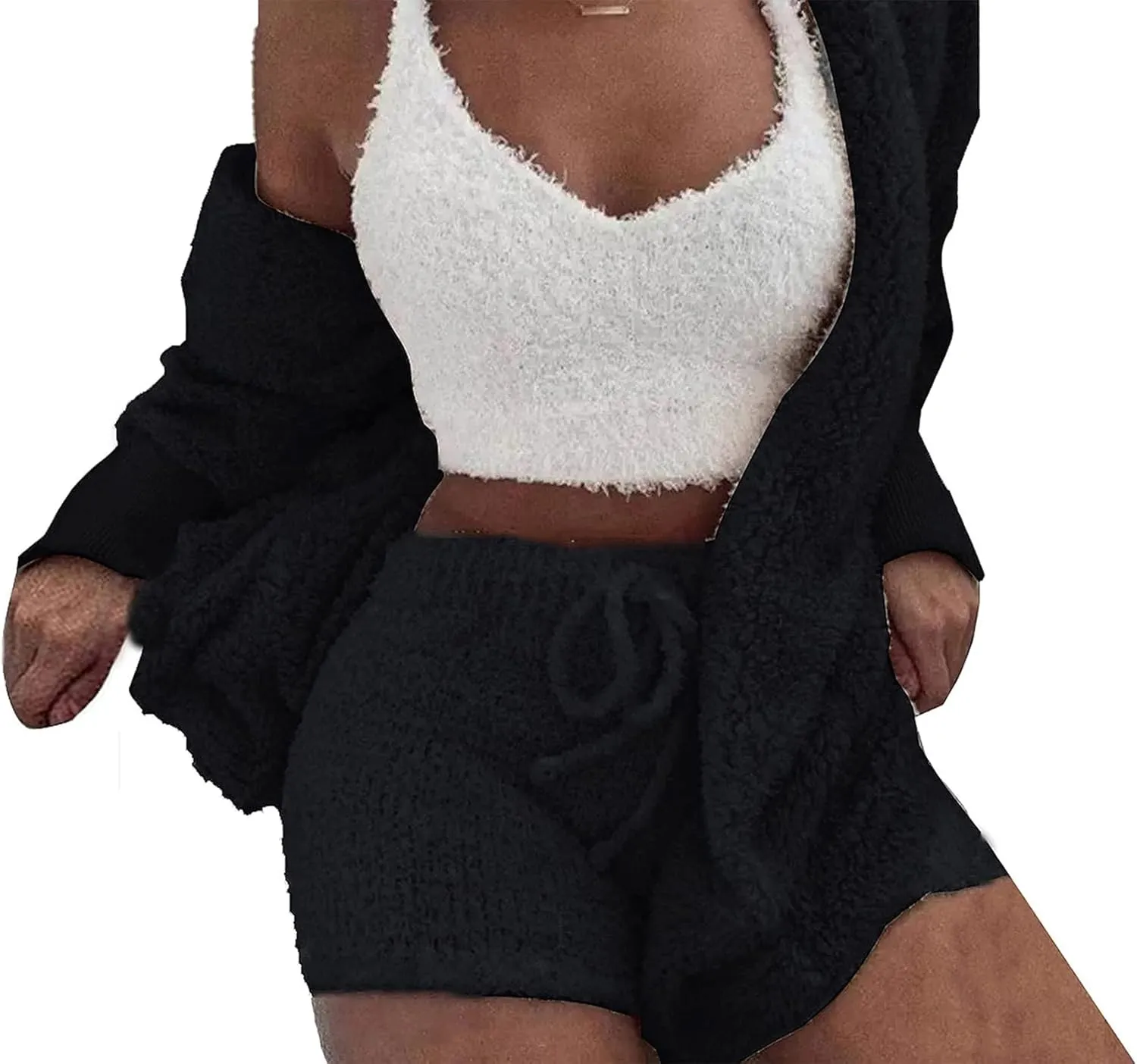 Vakkest Women's Sexy 3 Piece Pajamas Outfit Fuzzy Fleece Warm Sherpa Coat Jacket Outwear Spaghetti Strap Crop Top Shorts Set