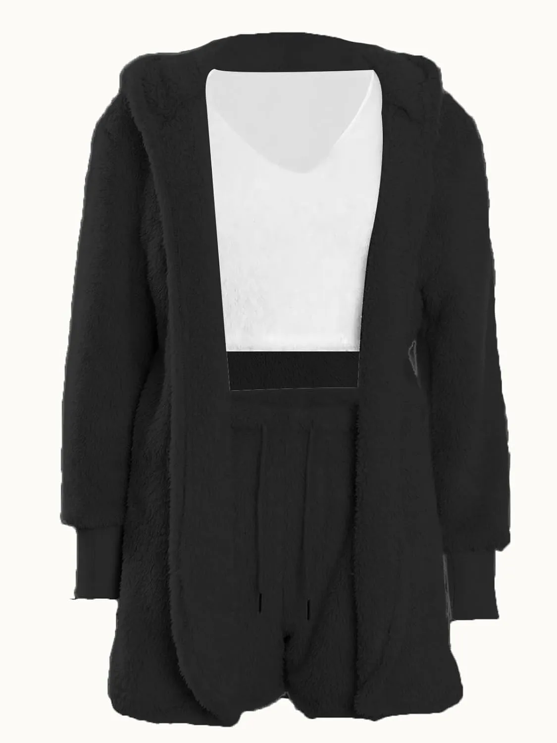 Vakkest Women's Sexy 3 Piece Pajamas Outfit Fuzzy Fleece Warm Sherpa Coat Jacket Outwear Spaghetti Strap Crop Top Shorts Set
