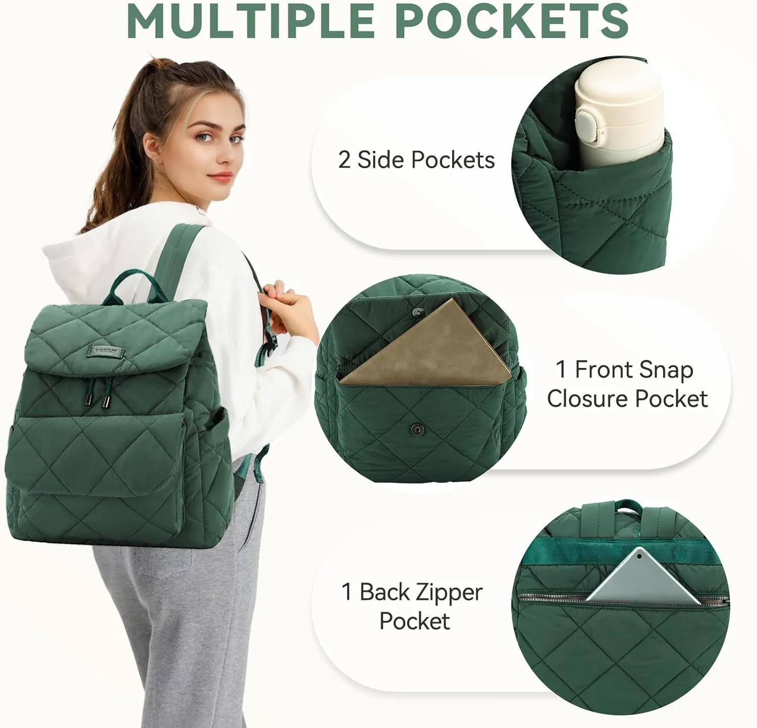 VASCHY Quilted Backpack Purse for Women, Lightweight Casual Puffer Flap Drawstring Backpack for Gym/Work/Travel/Hiking/Diaper Green