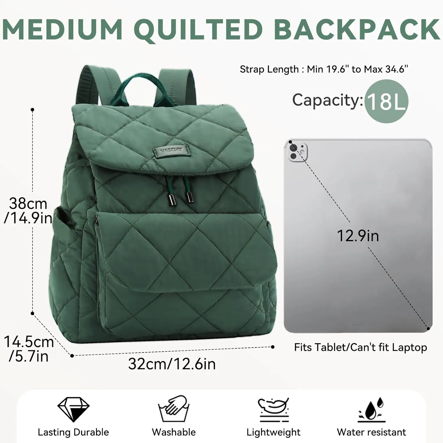 VASCHY Quilted Backpack Purse for Women, Lightweight Casual Puffer Flap Drawstring Backpack for Gym/Work/Travel/Hiking/Diaper Green