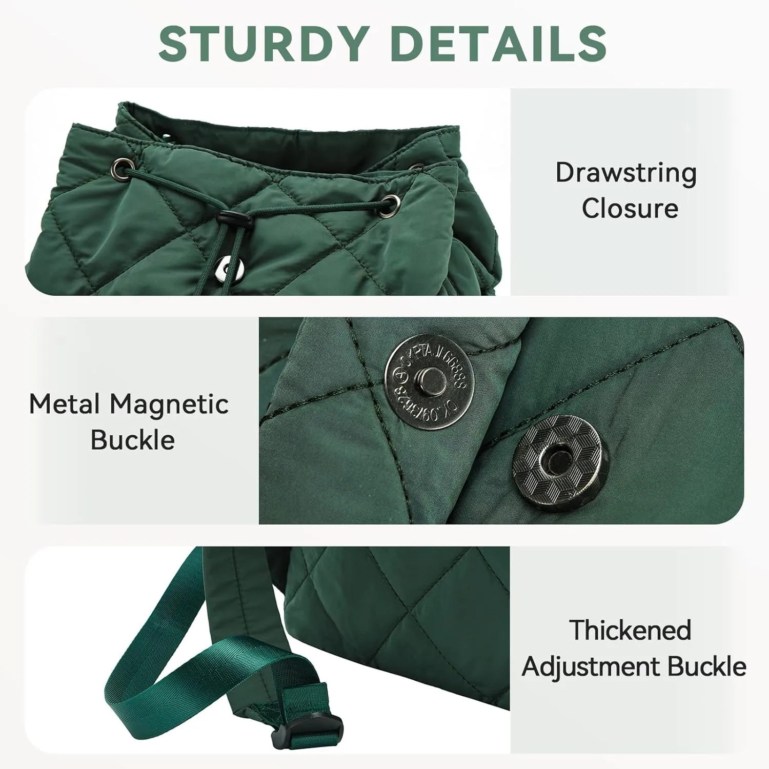 VASCHY Quilted Backpack Purse for Women, Lightweight Casual Puffer Flap Drawstring Backpack for Gym/Work/Travel/Hiking/Diaper Green