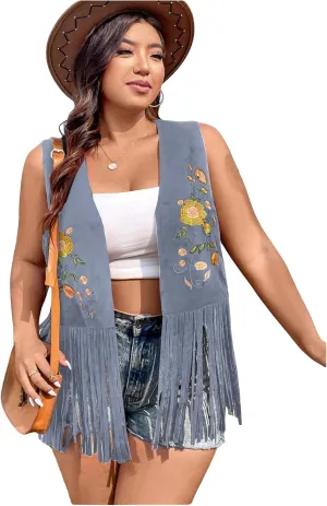 Verdusa Women's Plus Size Fringe Floral Embroidery Sleeveless Vest Cardigan Tassel Jacket