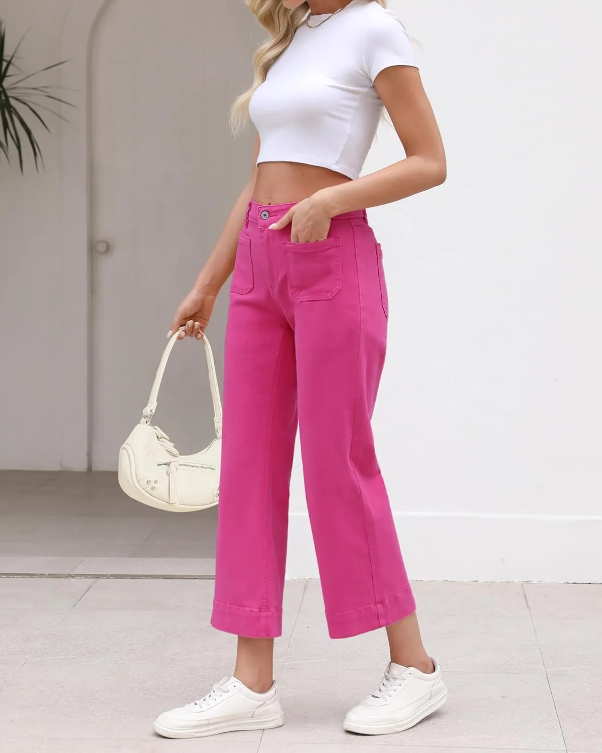 Vetinee Wide Leg Jeans for Women High Waisted Trendy Front Patch Pocket Flare Cropped Jeans Stretchy Denim Jean Pants