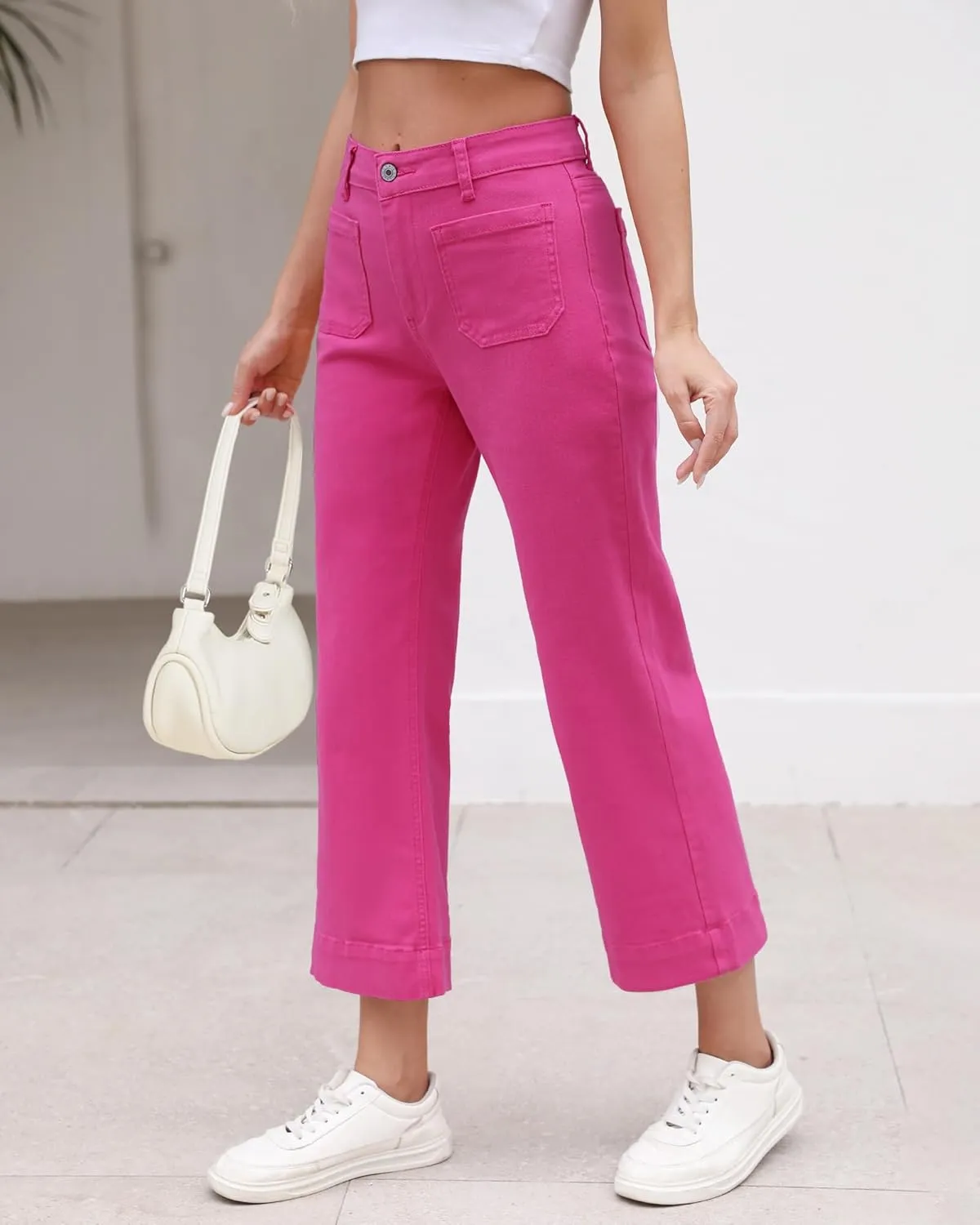 Vetinee Wide Leg Jeans for Women High Waisted Trendy Front Patch Pocket Flare Cropped Jeans Stretchy Denim Jean Pants