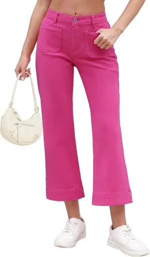Vetinee Wide Leg Jeans for Women High Waisted Trendy Front Patch Pocket Flare Cropped Jeans Stretchy Denim Jean Pants