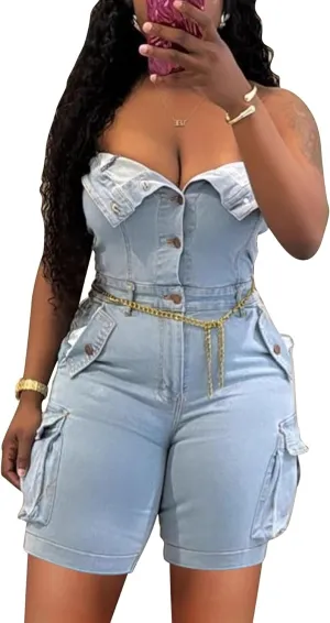 Voghtic Women's Sexy Tube Denim Romper Cargo Jean Shorts Jumpsuits Going Out Outfits